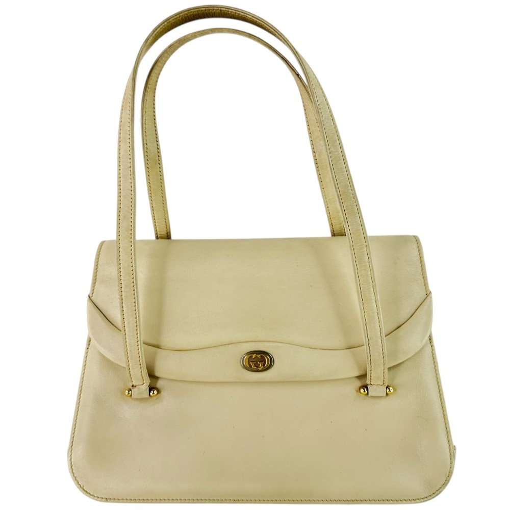 Authentic Gucci Ivory Hand Bag Gold Hardware Leather Vintage Double GG